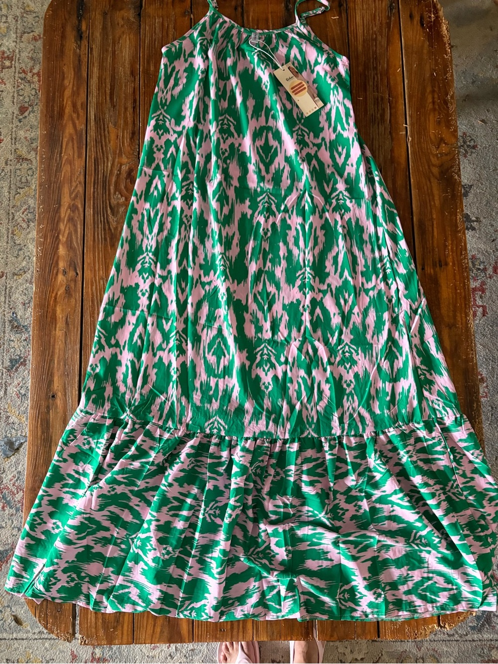 Green & Pink Printed Maxi Dress with Ruffle Hem